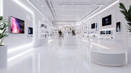 Explore a sleek and modern exhibition space with bright white walls, showcasing innovative technology displays and minimalist design elements for a stylish atmosphere.の素材
