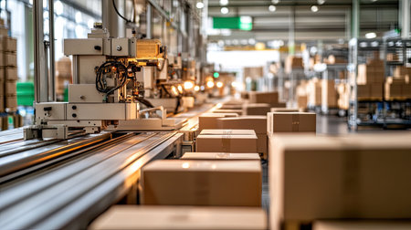 A detailed view of an automated packaging process reveals machines operating efficiently within a modern warehouse, showcasing streamlined logistics and organization.の素材