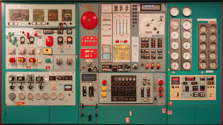 Detailed industrial control panel displaying various gauges and buttons used in factory settings for process control and monitoring systems.の素材