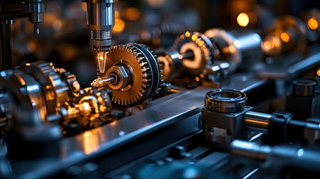 A close-up view of a cutting tool working on mechanical gears in a precision engineering environment, showcasing intricate details of manufacturing and technology.の素材
