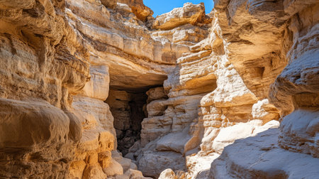 Explore a captivating rocky canyon with unique formations under a bright blue sky. This serene landscape showcases stunning textures and colors.の素材