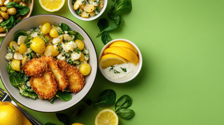 A delicious plate featuring crispy breaded chicken served with a spinach and potato salad, garnished with lemon slices. Perfect for a fresh meal.の素材