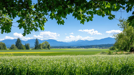 A stunning view of a lush green field framed by trees and mountains under a clear blue sky, perfect for depicting the beauty of nature and tranquility.の素材