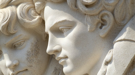 This image showcases a close-up view of a stunning stone sculpture featuring faces, highlighting intricate details and textures illuminated by natural light.の素材