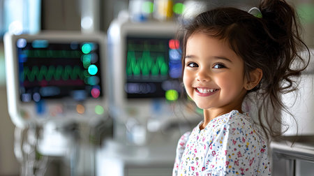 A smiling girl in a hospital setting radiates joy amidst medical equipment. Her cheerful expression represents hope and resilience in pediatric care.の素材