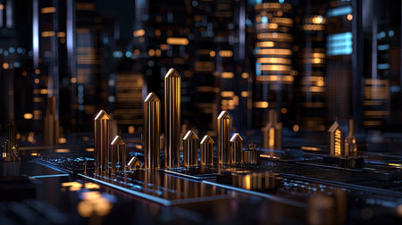 A captivating futuristic cityscape featuring golden skyscrapers illuminated by neon lights, set against a sleek digital backdrop, showcasing modern architecture and innovation.の素材