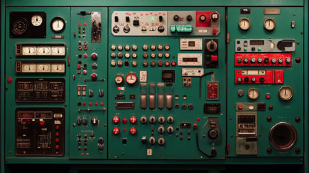 Vintage control panel featuring numerous gauges and buttons, showcasing an intricate design and retro aesthetics in technology and machinery. Perfect for industrial themes.の素材