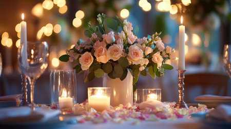 A stunning wedding table setting featuring a floral centerpiece with soft pink roses, elegant candles, and romantic decor, creating a warm atmosphere.の素材