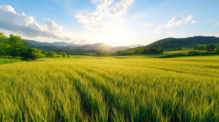 Stunning landscape showcasing a golden field bathed in sunlight under a clear blue sky, with mountains in the background creating a serene rural scene.の素材