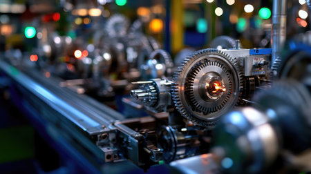 A detailed close-up of industrial machinery showcasing intricate gears and components. The vibrant factory setting highlights technology and innovation in manufacturing processes.の素材