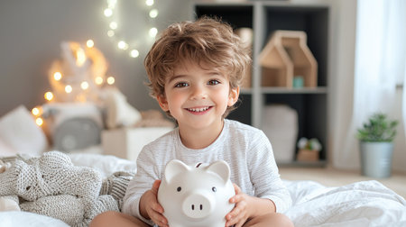 A joyful child sits on a soft bed holding a piggy bank, surrounded by toys and warm lighting. The scene captures innocence and aspirations for saving money.の素材
