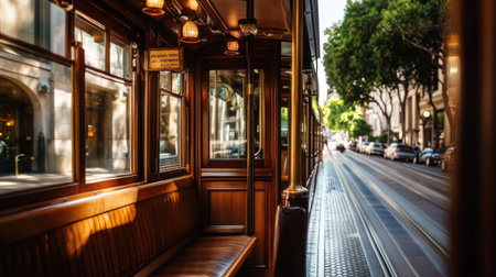 A captivating view inside a vintage streetcar, showcasing wooden seats and sunlight streaming through the windows, evoking nostalgia and charm.の素材