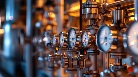 Close-up view of industrial pressure gauges and valves in a modern factory setting, showcasing precision engineering and advanced technology for safe operations.の素材