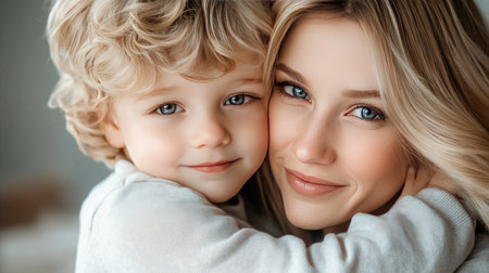 A touching portrait capturing the loving embrace between a mother and her child. They share radiant smiles that reflect warmth and happiness in this heartwarming moment.の素材