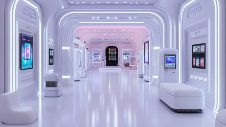 This modern interior features a futuristic hallway adorned with bright lighting and digital screens. The clean design promotes an immersive user experience in a tech-focused environment.の素材