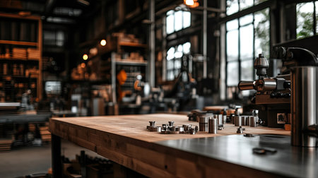 A detailed view of an industrial workshop showcasing a wooden table with various tools and machinery in an organized workspace. The atmosphere emphasizes craftsmanship and production.の素材