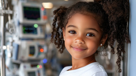 A joyful young girl smiles brightly in a hospital setting surrounded by medical equipment, symbolizing hope, resilience, and the caring aspects of healthcare.の素材