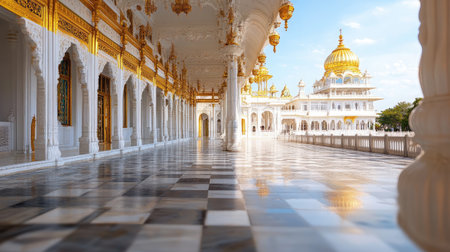 A stunning view of a majestic Indian temple featuring a golden dome and intricate marble architecture. The serene atmosphere invites reflection and admiration.の素材