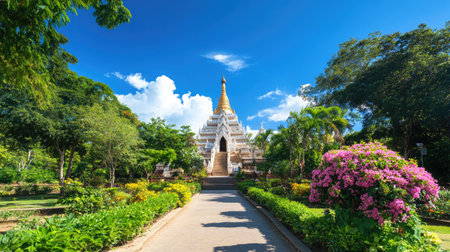 Discover a stunning temple set amidst lush greenery and colorful flowers, inviting visitors to explore its serene beauty and experience tranquility amidst nature.の素材