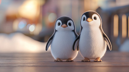 This adorable scene features two cute penguin chicks standing close together in a winter wonderland, showcasing their fluffy appearance and charming demeanor.の素材