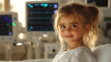 A young girl smiles cheerfully in a hospital room, surrounded by medical equipment, radiating hope and innocence in a caring environment.の素材