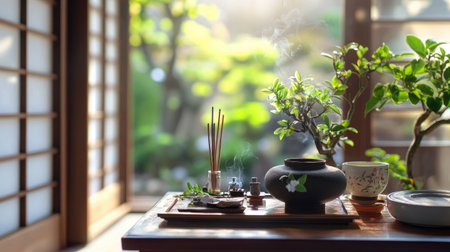 Discover a serene Japanese tea setup featuring incense and a vibrant garden view. A perfect blend of nature, tranquility, and cultural elegance for peaceful moments.の素材