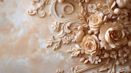 Explore the beauty of an intricate floral carving on a soft beige background, showcasing remarkable craftsmanship and timeless elegance for decorative purposes.の素材