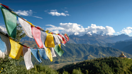 Colorful prayer flags wave gently in the wind, set against a stunning mountain backdrop. This serene landscape showcases natural beauty and spiritual symbolism.の素材