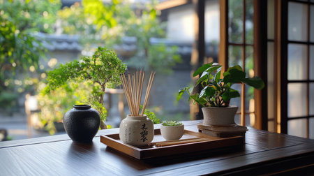 A serene indoor scene featuring potted plants and essential aromatherapy items on a wooden table, bathed in soft natural light.の素材