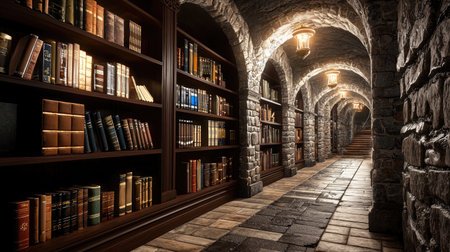 Experience the atmospheric charm of a stone library featuring arched ceilings and warm lantern lighting, creating an inspiring environment for reading and study.の素材