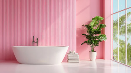 A serene modern bathroom featuring a sleek white bathtub against a vibrant pink wall. Natural light pours in, enhancing the tropical plant decoration.の素材