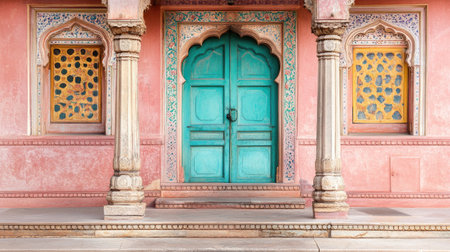 Captivating turquoise doorway framed by ornate pillars and colorful windows, showcasing traditional Indian architecture and vibrant cultural heritage.の素材