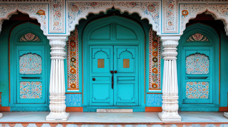 Explore the beauty of vibrant blue doors adorned with intricate designs, showcasing traditional architecture. This image captures the essence of cultural heritage and artistry.の素材