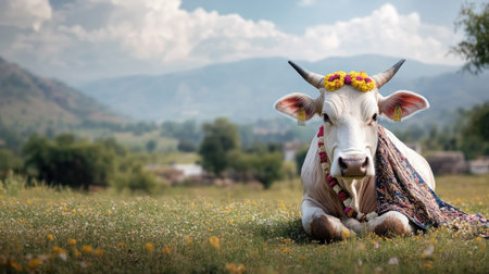 A beautifully decorated cow rests on a vibrant meadow, surrounded by mountains. This serene scene captures the essence of rural life and nature's tranquility.の素材