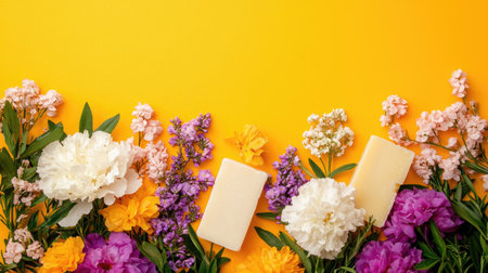 A vibrant arrangement featuring colorful flowers and soap bars on a bright yellow background, perfect for beauty, skincare, or wellness themes. Ideal for promotional use.の素材