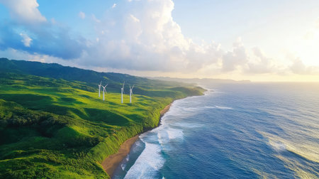 A breathtaking coastal view featuring wind turbines on a lush green hillside, waves crashing gently on the shore under a bright blue sky, symbolizing renewable energy.の素材