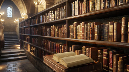 A serene old library featuring beautifully bound books on dark wooden shelves. The warm lighting and stone staircase create an inviting atmosphere perfect for reading or studying.の素材