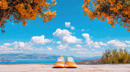 A pair of colorful sneakers sits on a pavement, surrounded by a stunning landscape of bright yellow flowers and a clear blue sky. The serene view features clouds and water, perfect for evoking a sense of adventure and relaxation.の素材