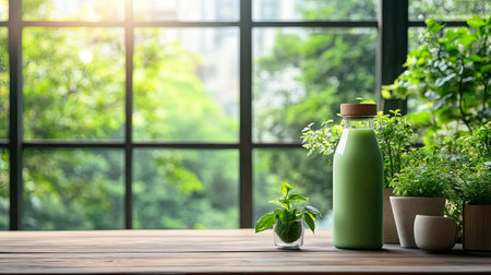 A serene scene featuring a glass bottle filled with green contents beside fresh herbs on a wooden table. The sunlight creates a calming atmosphere.の素材