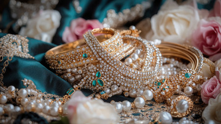 Stunning arrangement of gold bangles and jewelry adorned with pearls and turquoise gemstones. Surrounded by soft fabric and beautiful flowers, this image exudes luxury and elegance.の素材