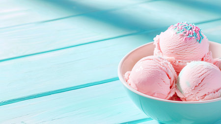 A delightful bowl of pink ice cream scoops topped with colorful sprinkles, perfect for a refreshing treat. Ideal for summer enjoyment and food photography.の素材