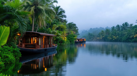 Experience tranquility on a beautiful river with houseboats nestled among lush greenery, reflecting the serene atmosphere of nature's beauty and calmness.の素材