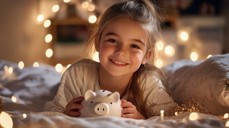 A cheerful girl smiles while holding a piggy bank, surrounded by warm fairy lights, creating a cozy and joyful atmosphere perfect for childhood dreams and savings.の素材