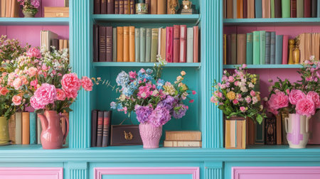 A vivid and charming bookshelf featuring colorful flowers and neatly arranged books, creating an inviting home decor aesthetic full of warmth and inspiration.の素材