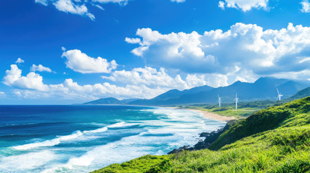 A stunning landscape featuring a pristine beach, gentle waves, and wind turbines. Lush green hills meet the ocean under a bright blue sky full of fluffy clouds.の素材