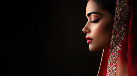 This captivating profile image features a woman draped in red fabric, showcasing intricate details. The serene atmosphere enhances her beauty and grace.の素材