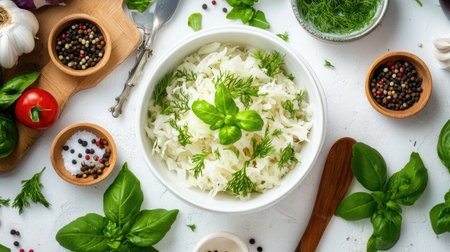 A vibrant composition featuring fresh cabbage, herbs, and spices ideal for healthy recipes. Enhance your meals with organic ingredients and rich flavors.の素材