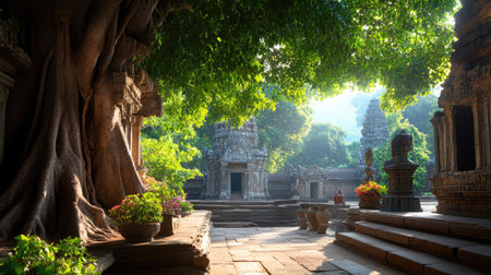 An enchanting scene of an ancient temple enveloped in lush greenery and soft sunlight, inviting exploration and reflection in a tranquil outdoor setting.の素材