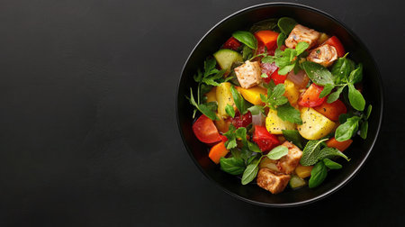 Delicious salad featuring grilled chicken and mixed seasonal vegetables, arranged in a bowl for a vibrant, healthy meal. Perfect for lunch or dinner.の素材