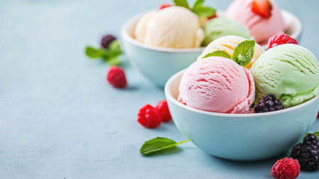 Delight in vibrant bowls of creamy ice cream featuring flavors like strawberry, mint, and vanilla. Topped with fresh berries and mint leaves, this treat is perfect for summer enjoyment.の素材